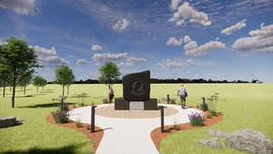An architectural rendering of a stone monument in a park with trees.